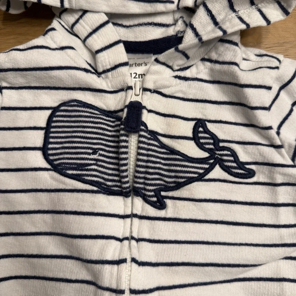 Carter's Navy and White Striped Whale Hoodie